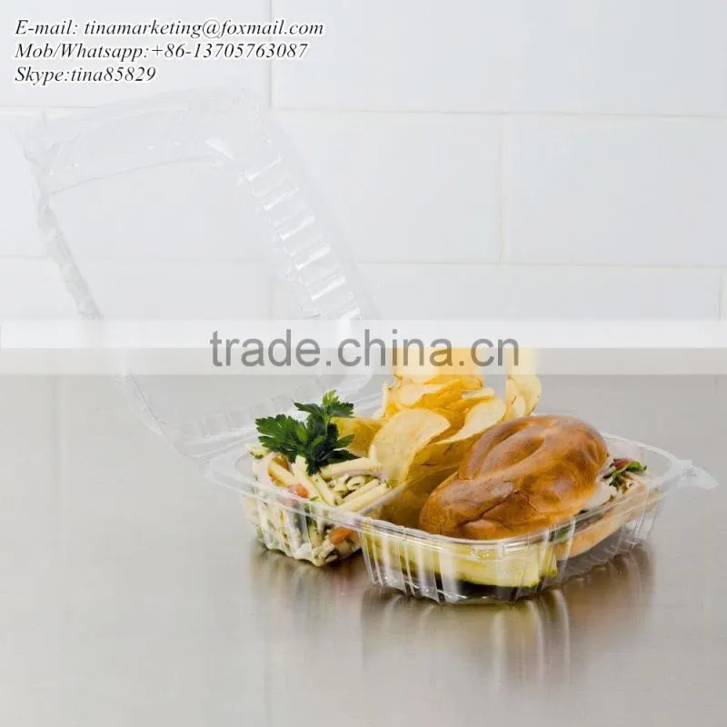 Clear Hinged BOPS Plastic Food Service Box Multi Compartment Clamshell Food Container