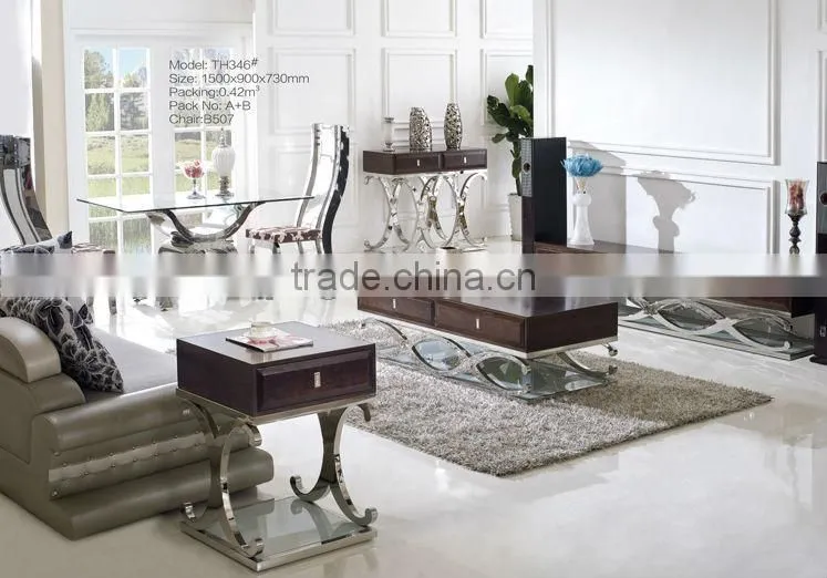 Modern design dining room tempered glass top and stainless steel base dining table TH346