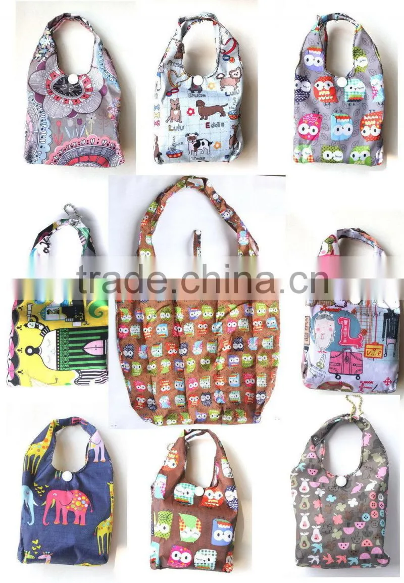 Wholesale Reusable Foldable Portable Folding Tote Shoulder Shopping Bag with small pouch