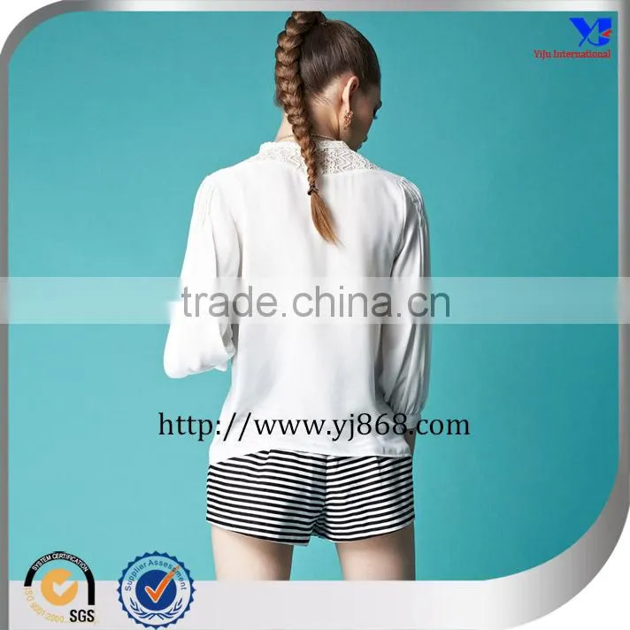 Long sleeves white lace decoration chiffon style blouse