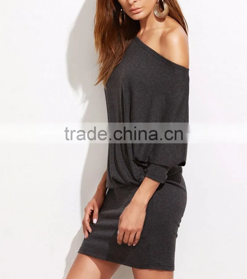 Off Shoulder Blouson Dress Women Long Sleeve Autumn Winter Grey Sexy Party Mini Dresses Women Vestidos
