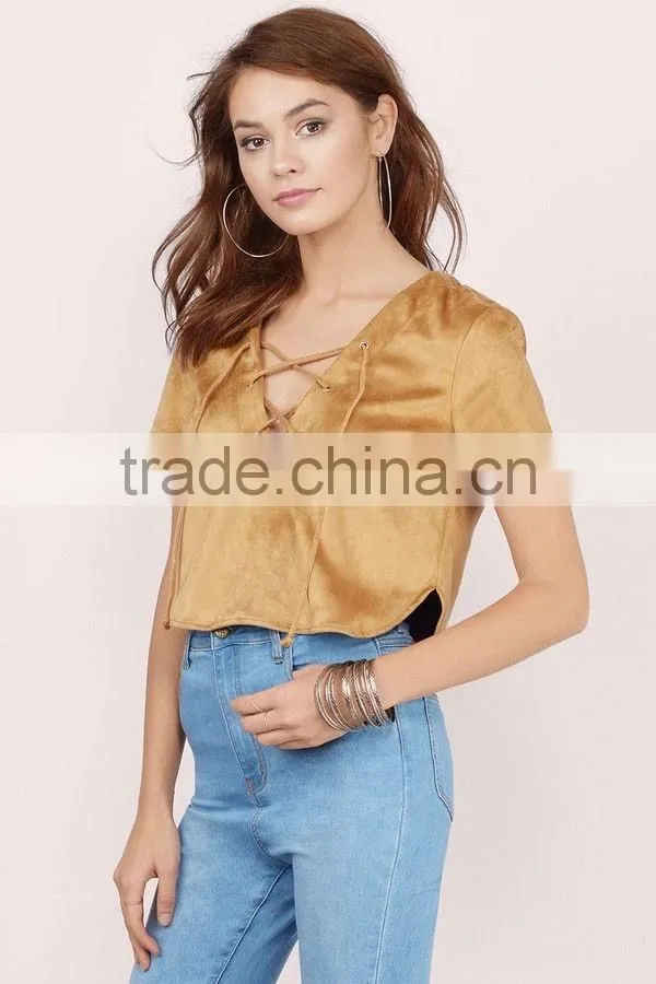 Born Free Tan Faux Suede Lace Up Short Sleeve Crop Top