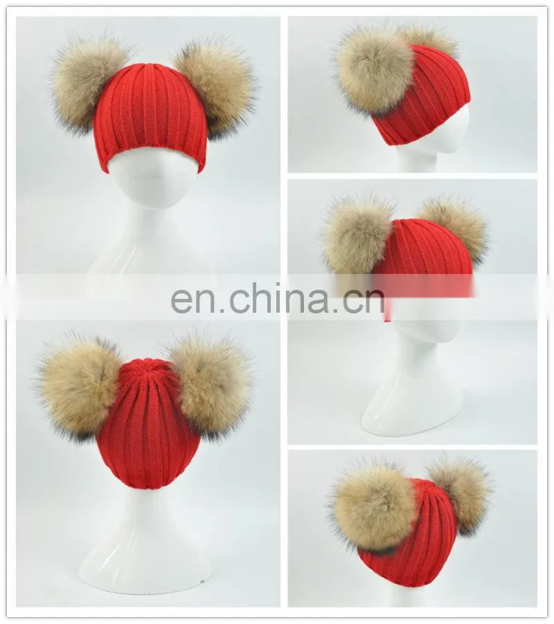 Wholesale Fashion Cheap kids Knitted Hats Real Fur Two Poms Kids Hat Winter