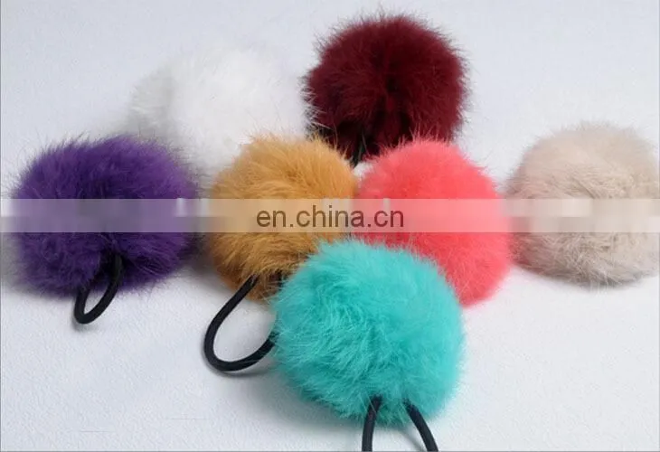 Cute Elastic Hair Ring with rabbit fur pom poms
