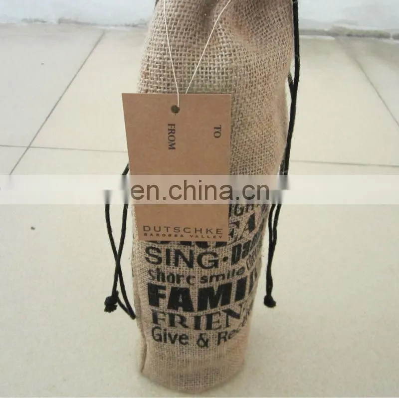 promotional jute wine drawstring bag with paper tag tied on the drawstring