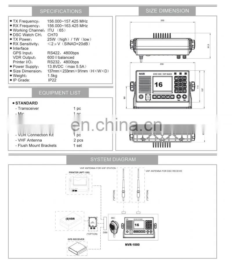 Marine electronics maritime navigation communication NVR-1000 GMDSS IMO ship class A DSC CH70 VHF radiotelephone transceiver
