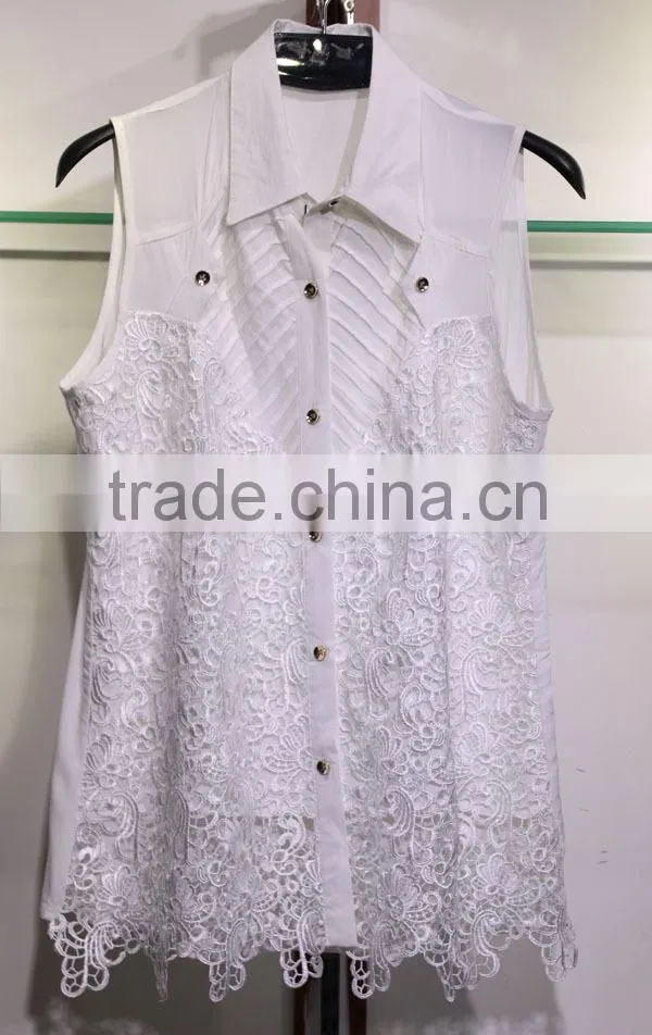 Women's sleeveless viscosa shirt top with lace and tuck white