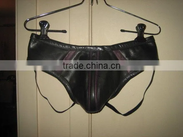 Black leather jock strap with purple strips