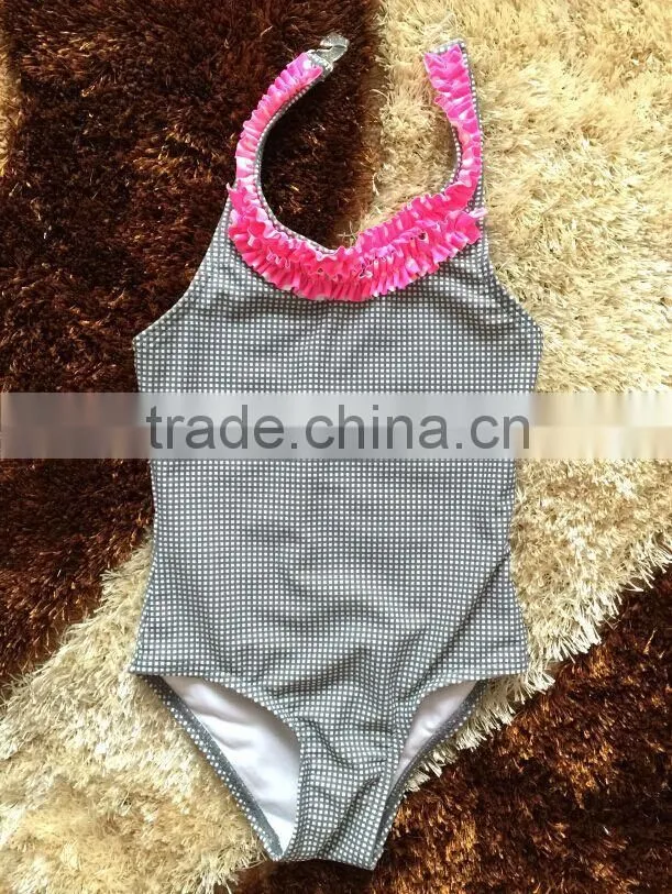 one piece kids swimsuit made of cute gray plaids fabrics,baby swimwear