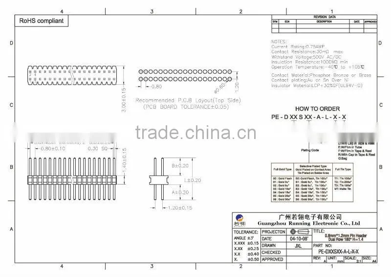 Pitch 0.8mm Single Row Pin Header 180 Degree H=1.4