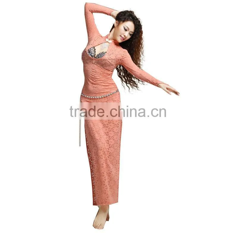 Wuchieal High Elastic Lace Belly Dance Practice Dress Bellydancing Costume with Long Sleeves