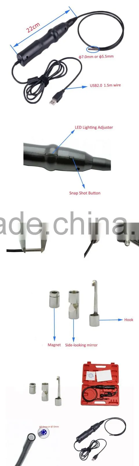 1280*1024 resolution 7mm android endoscope camera with mirror magnet hook accessories