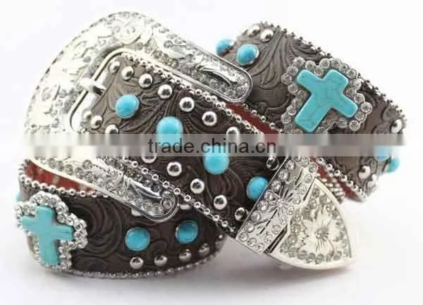 Floral Embossed Cowgirl Leather Western Turquoise Stone Studded Belts