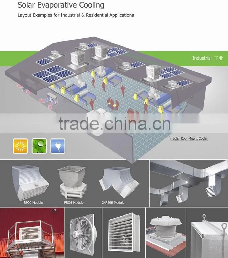 Solar evaporative cooler for industrial air cooling in energy-saving