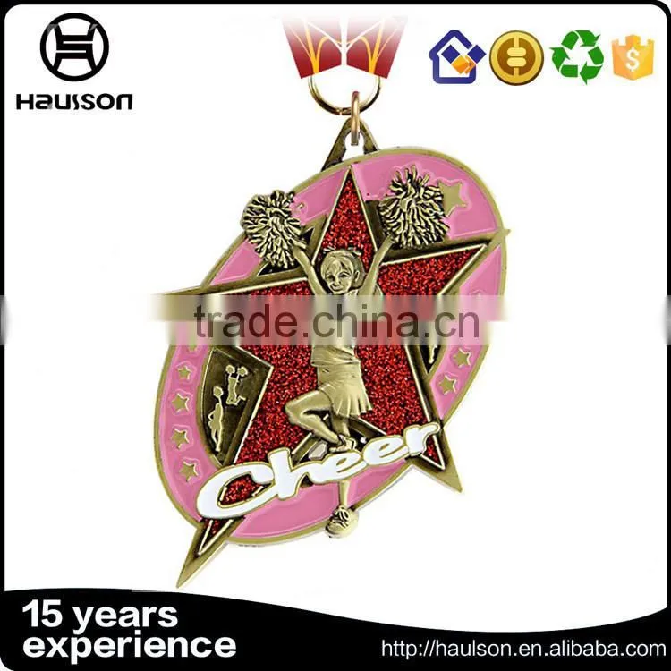 high quality wholesale custom medals five stars red glitter insert diecast zinc alloy imitation gold plating cheer sports medal