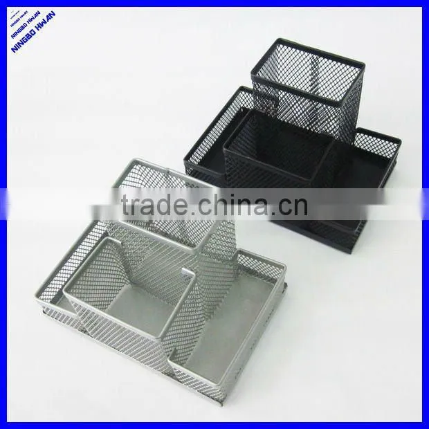 Rectangle 3 compartment metal mesh pen holder and note holder