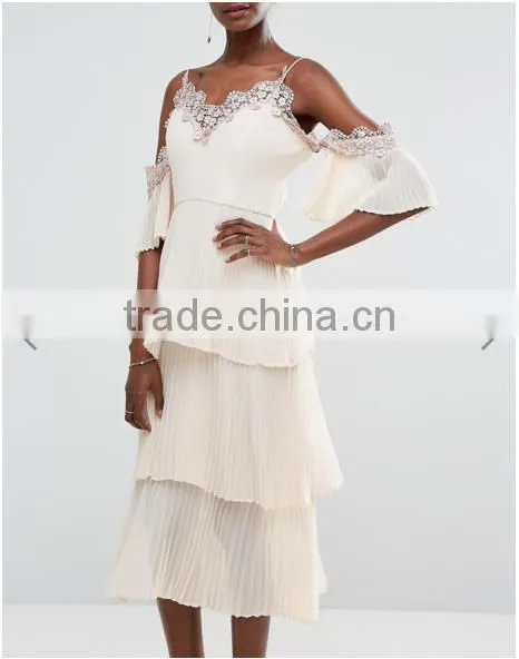 Guangzhou Clothing OEM Embroidered Embellishment Layered Pleated Skirt Dress Patterns Of Latest Fashion Design