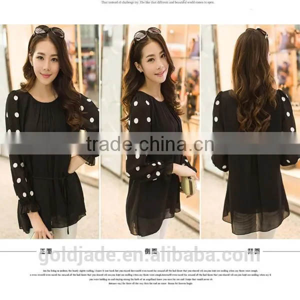 OEM lady sexy loose rose red and black chiffon dot round collar long petal sleeve blouse