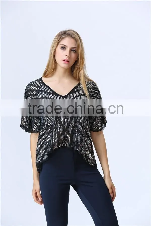 new design ladies heavy sequin embroideried embellishment beaded top Women Blouse
