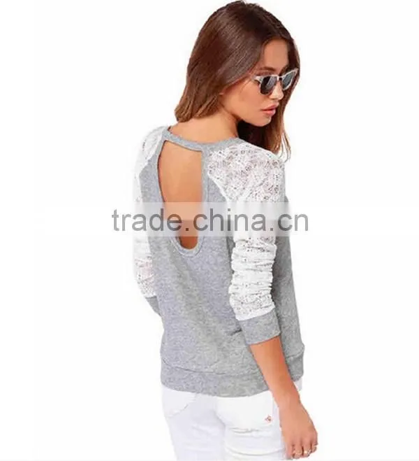5 size choice women Grey fashion O neck Backless latest lace stitching Long sleeve t shirt design