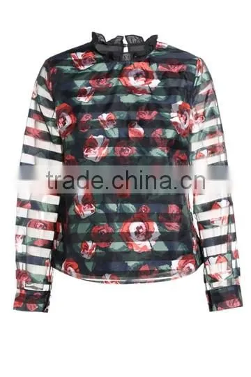 New female perspective stripe flower print loose long-sleeved shirt