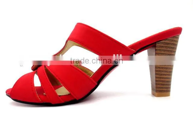 latest high heel PU leather wood heel office lady slipper with golden button
