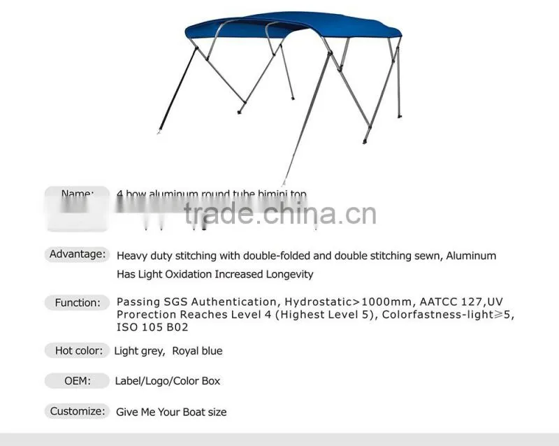 4 bow aluminum bimini top for boats 600D solution dyed polyester