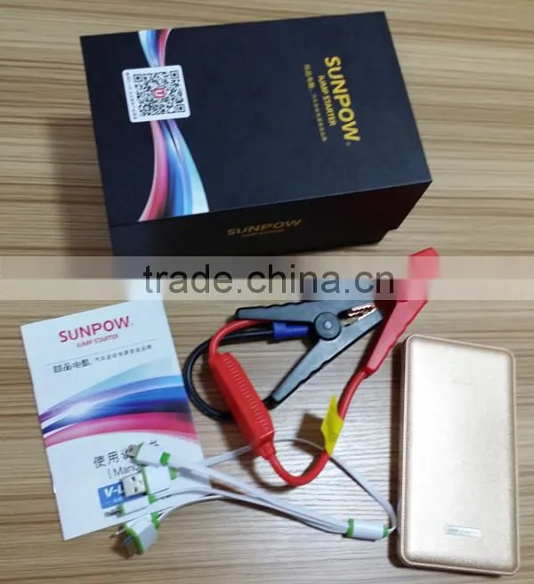 sunpow 6000mah new design car battery charger and luxury gold color mini 12v car jump starter with Air compressor