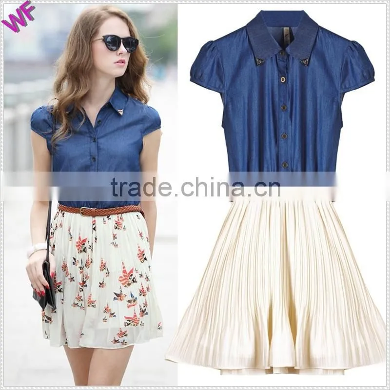 2015 high fashion denim match chiffion ladies denim chiffon dress