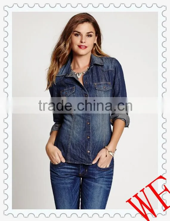 2014 autumn women's long sleeve lab washed denim loose casual shirt with two pockets
