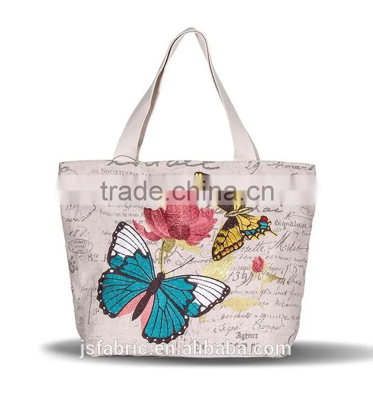 Linen Cotton Country Style Girl's Color Butterfly Embroidery Tote Bag