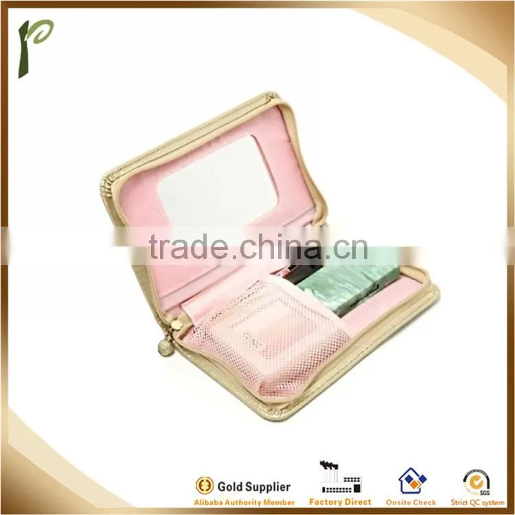 Popwide Hot Fashion PU High Quality Gold Color Beautycase with Mirror