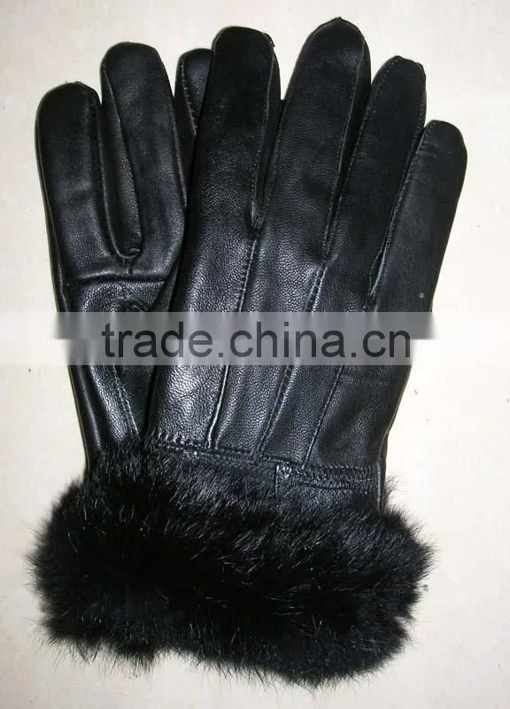 rabbit fur cuff lady real genuine leather gloves LG-06