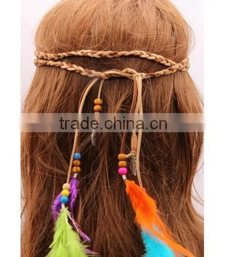 Women Girl Bohemian boho Fashion Handmade Multicolor Feather and Gold Leaves Pendants Hairband