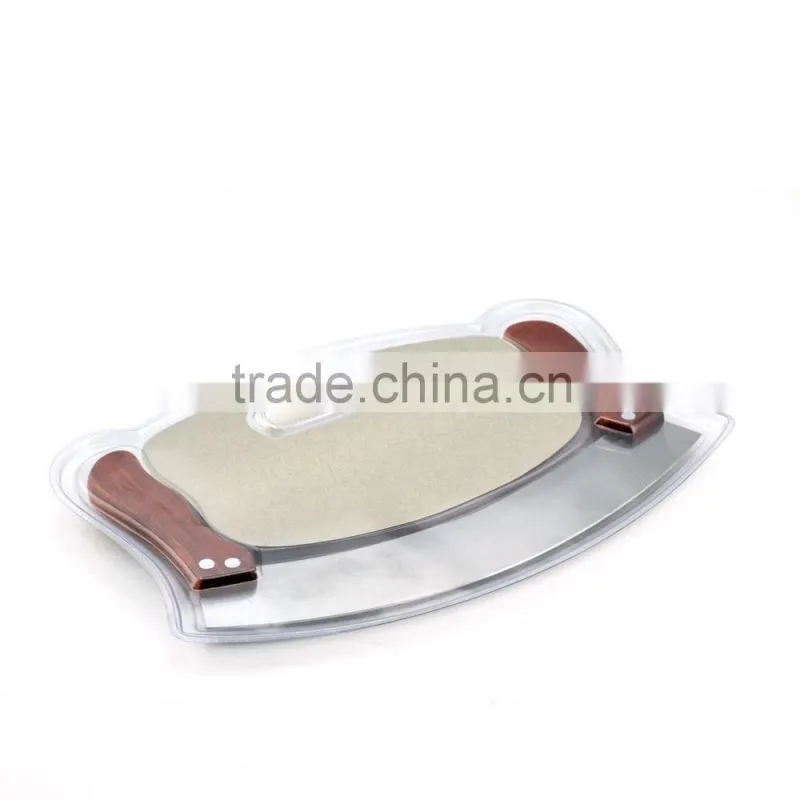 Pizza Cutter Rocker Knife with Stainless Steel Mezzaluna Blade & Wooden Handles;ULU Knife