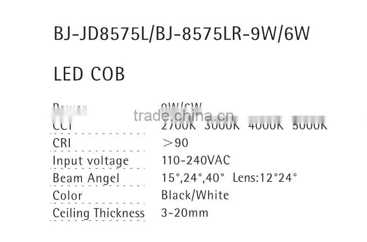6w 9w 13w led spot light with 85mm cut out for commercial lighting