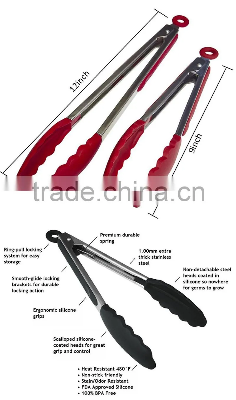 Manufacture of China Cheap price Cooking Tools Silicone Stainless Steel 430 Handle BBQ tong
