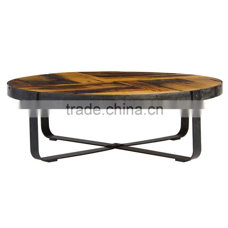 2016 latest round modern Industrial solid wood coffee table with metal base
