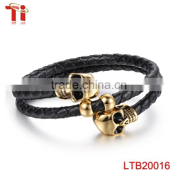 wholesale 2016men's genuine braided leather bracelet, 316L stainless steel jewelry bracelet, charm skull bracelet jewelry making