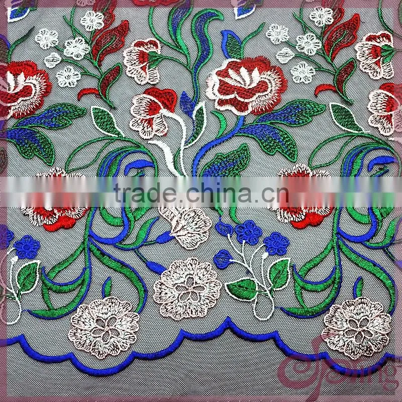 Colorful flower embroidered tulle lace fabric, elegant shining poly mesh embroidered fabric