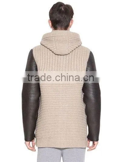 Men Hoodie knitted Cardigan Leather Sleeve wool Sweater Coat