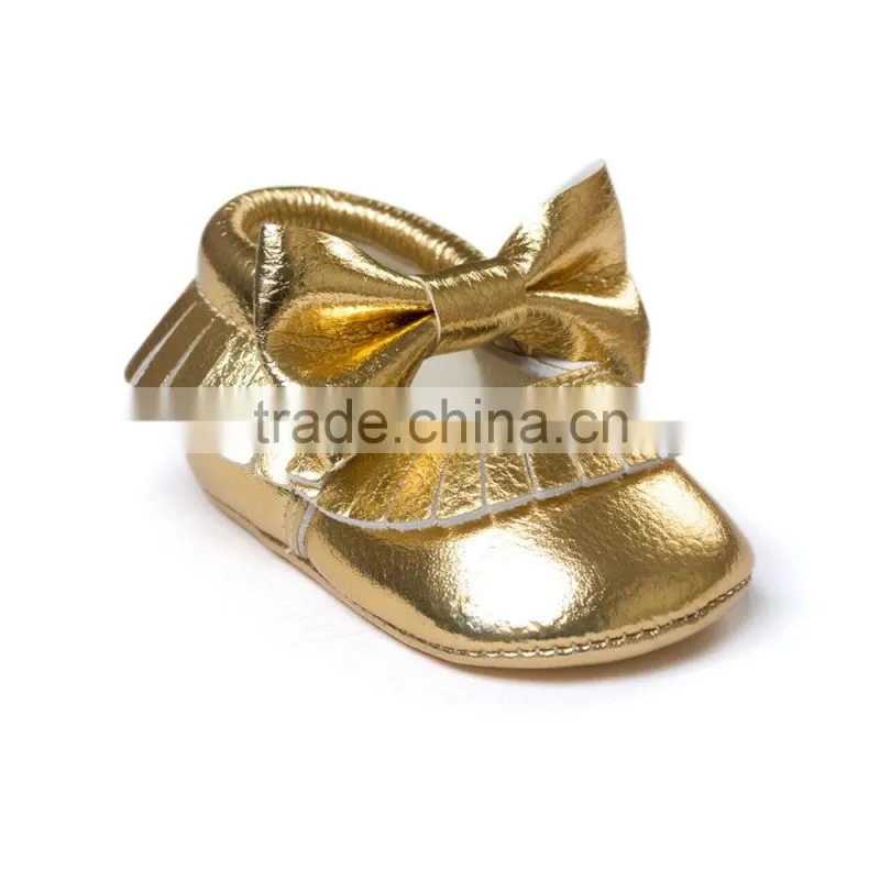 golden baby PU moccasins, bow design little girl moccasins