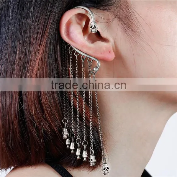 Ear Cuff Clip On Stud Wrap Earrings Antique Silver Tassel Halloween Skull 14.9cm x 3.4cm