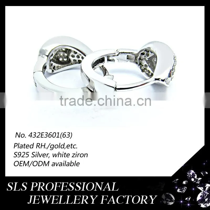 2015 Fashion American style heart shape 925 sterling silver white gold plated huggie earrings for women