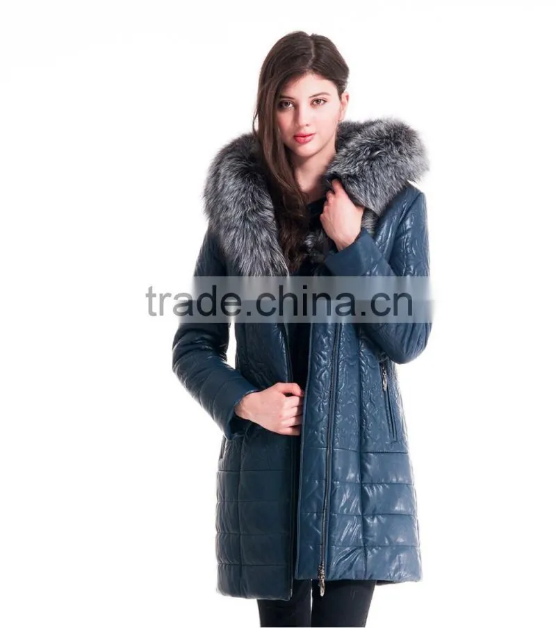 2015 Women Winter Leather Medium Length Slim Fit Coat With Brown Fox Hat Overcoat