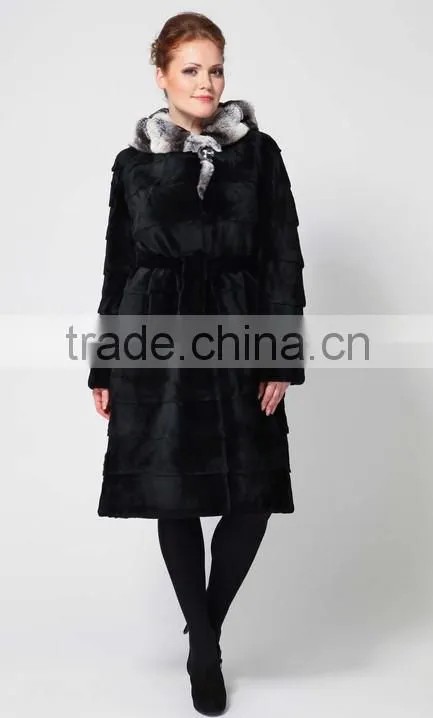 rex14071 black rex rabbit fur coat with chinchilla color hood and belt