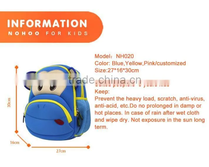 NOHOO Neoprene Material Cute Kindergarten children 3D cartoon school bag for kids