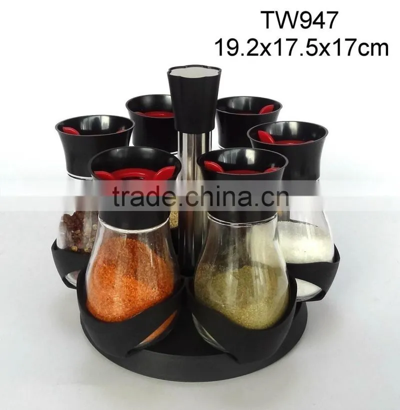 TW947T2 6pcs glass spice jar set with stainless steel casing and plastic stand