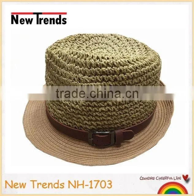 Funny two colors patch work straw bucket hat