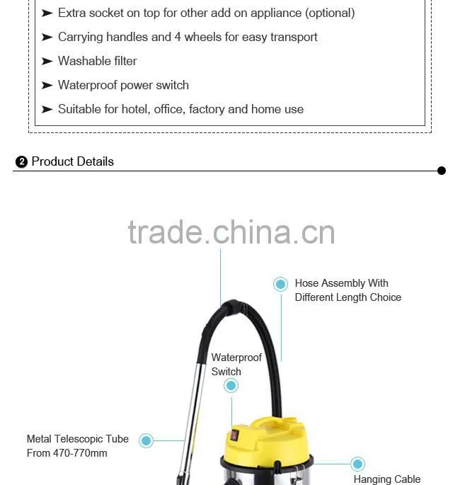 Stainless Steel Barrel Wet&Dry Vacuum Cleaner For House Cleaning